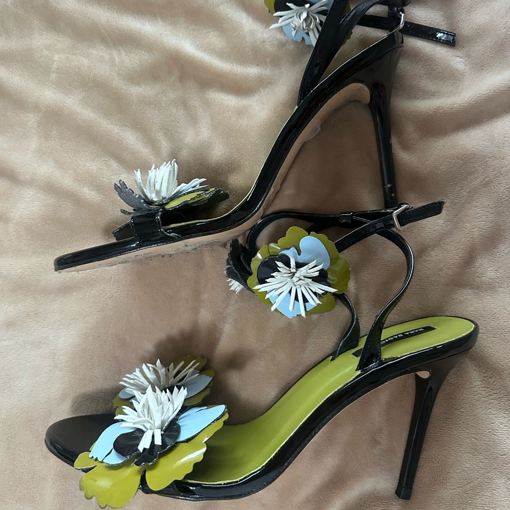Zara Black and Green Floral Sandals Size 10 - Picture 3 of 7